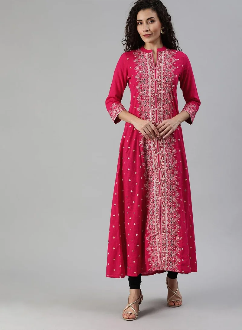 Ishin  Women Pink White Printed A-Line Kurta with Mirror Work for Women | Best Price UAE