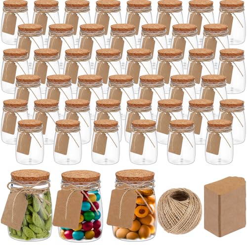 Nitial 50 Pack 5 oz Plastic Jars with Lids Bulk Yogurt Containers with Lids Gift Jars with DIY Craft Twine and Labels Gifts for Birthday Wedding Halloween Christmas Party Favor(Brown,Cork Lid) - Image 1