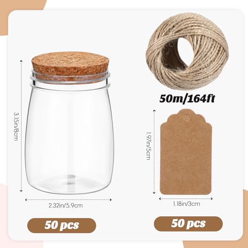 Nitial 50 Pack 5 oz Plastic Jars with Lids Bulk Yogurt Containers with Lids Gift Jars with DIY Craft Twine and Labels Gifts for Birthday Wedding Halloween Christmas Party Favor(Brown,Cork Lid) - Image 2