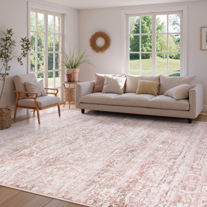 La Home Lahome Pink Area Rugs 8x10,Washable Boho Living Room Rugs,Floral Large Area Rugs Non-Slip Soft Bedroom Rug 8x10 Under Bed Baby Girl Nursery Rug for Dining Room Table Office (Pink,8'X10') - Image 1