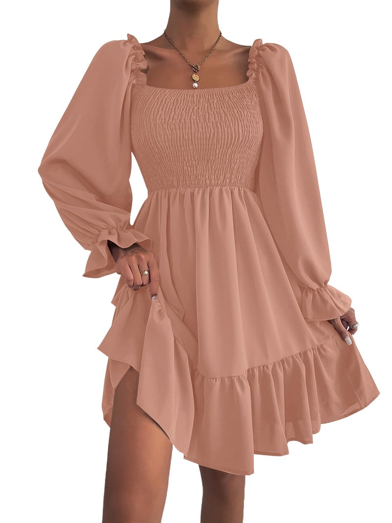 LYANER Women's Long Puff Sleeve Square Neck Shirred Ruffle Swing Midi Dress Solid Dusty Pink Small - Image 4