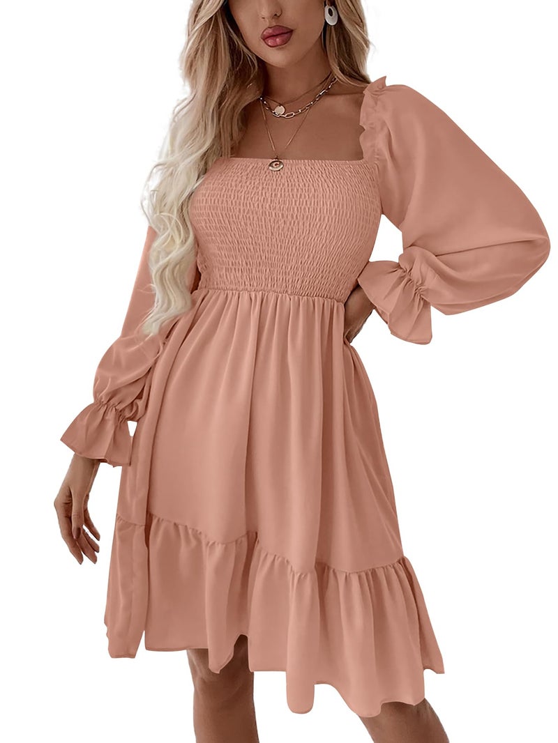 LYANER Women's Long Puff Sleeve Square Neck Shirred Ruffle Swing Midi Dress Solid Dusty Pink Small - Image 1