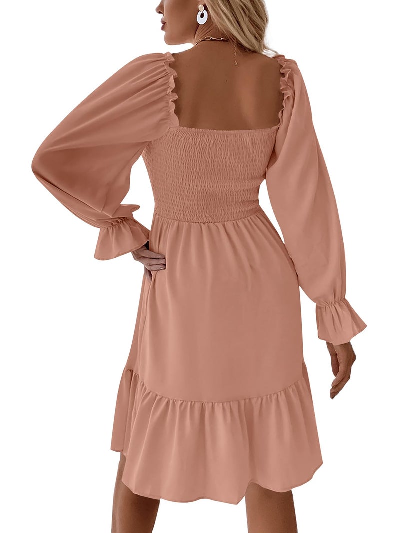 LYANER Women's Long Puff Sleeve Square Neck Shirred Ruffle Swing Midi Dress Solid Dusty Pink Small - Image 2