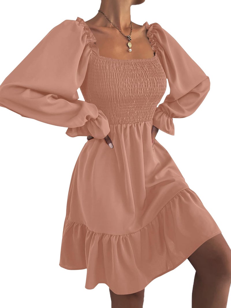 LYANER Women's Long Puff Sleeve Square Neck Shirred Ruffle Swing Midi Dress Solid Dusty Pink Small - Image 3