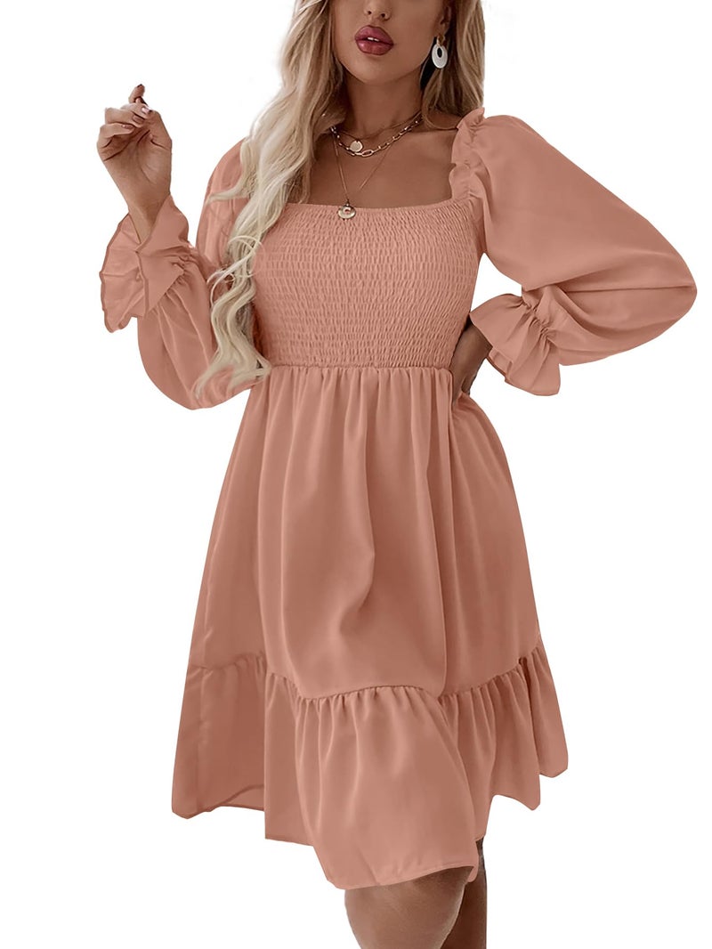 LYANER Women's Long Puff Sleeve Square Neck Shirred Ruffle Swing Midi Dress Solid Dusty Pink Small - Image 5