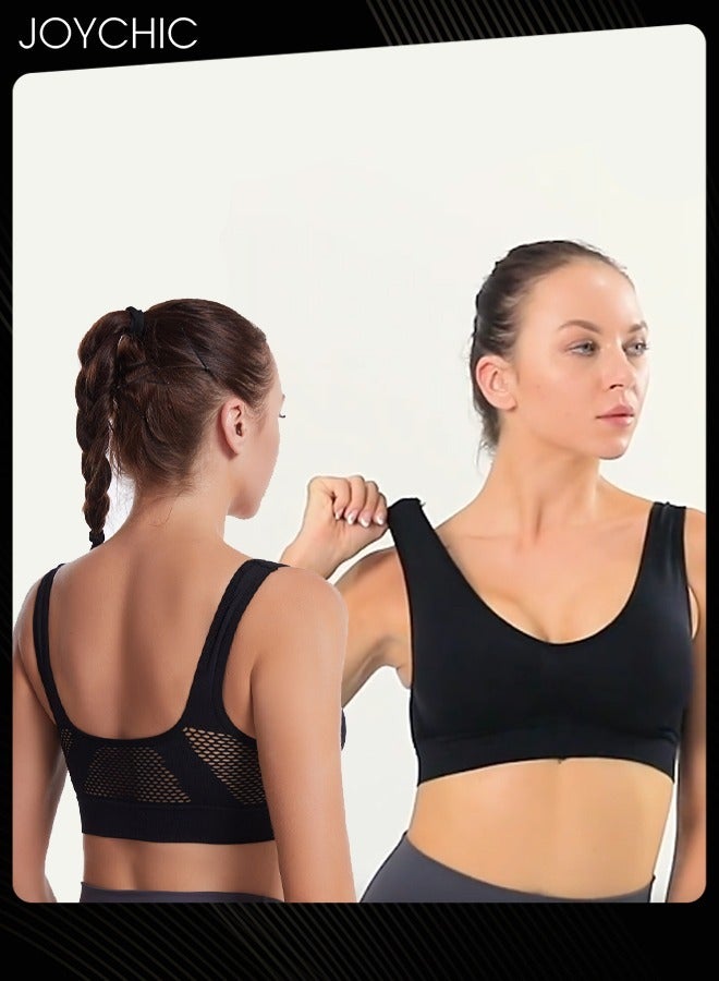 Joychic Seamless Sports Yoga Bra Hollow Mesh Breathable Holes No Rims Comfortbale Bra Vest with Widen Shoulder Straps for Women Girls Black  - Image 1