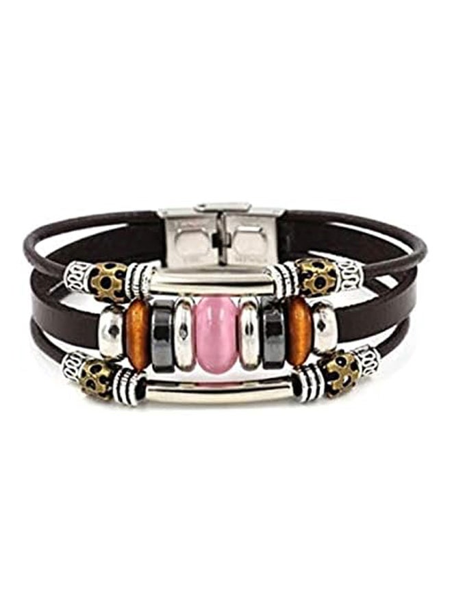 Fashion multi layer bead cat eye stone cowhide Bracelet, Stainless Steel lovers Bracelet,brown - Image 2