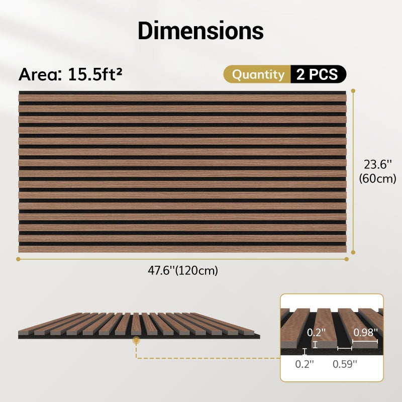 TONOR Wood Wall Panels for Interior Wall Decor, 2 Pack 47.2"x23.6"(15.5ftÂ²) Wood Slat Acoustic Panels, Soundproof Wall Panels for Noise Cancelling and Decoration, Living Room, Bedroom, Office, Walnut - Image 3