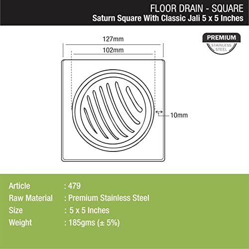 LIPKA Saturn 5 x 5 Inches Square Floor Drain with Classic Jali | Premium Stainless Steel Floor Drain & Cover with Lid | Floor Drain for Bathroom Drainer Kitchen, Balcony, Wet Area - Image 2
