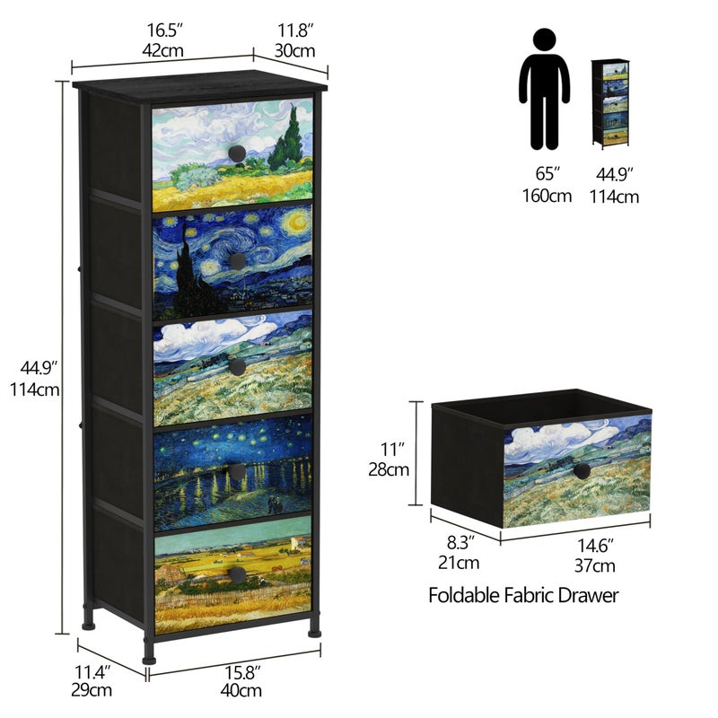 Welfuturer Dresser with 5 Drawers Narrow Tall Nightstand Van Gogh Dresser for Bedroom Fabric Drawer Organizer Unit for Living Room Entryway Hallway Closet Sturdy Steel Frame Wooden Top - Image 2