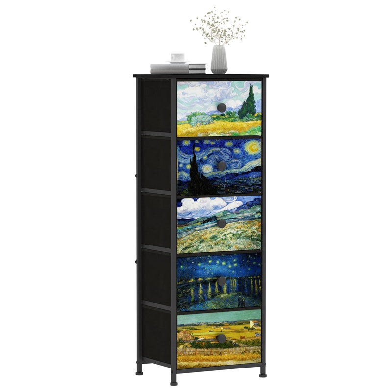 Welfuturer Dresser with 5 Drawers Narrow Tall Nightstand Van Gogh Dresser for Bedroom Fabric Drawer Organizer Unit for Living Room Entryway Hallway Closet Sturdy Steel Frame Wooden Top - Image 1