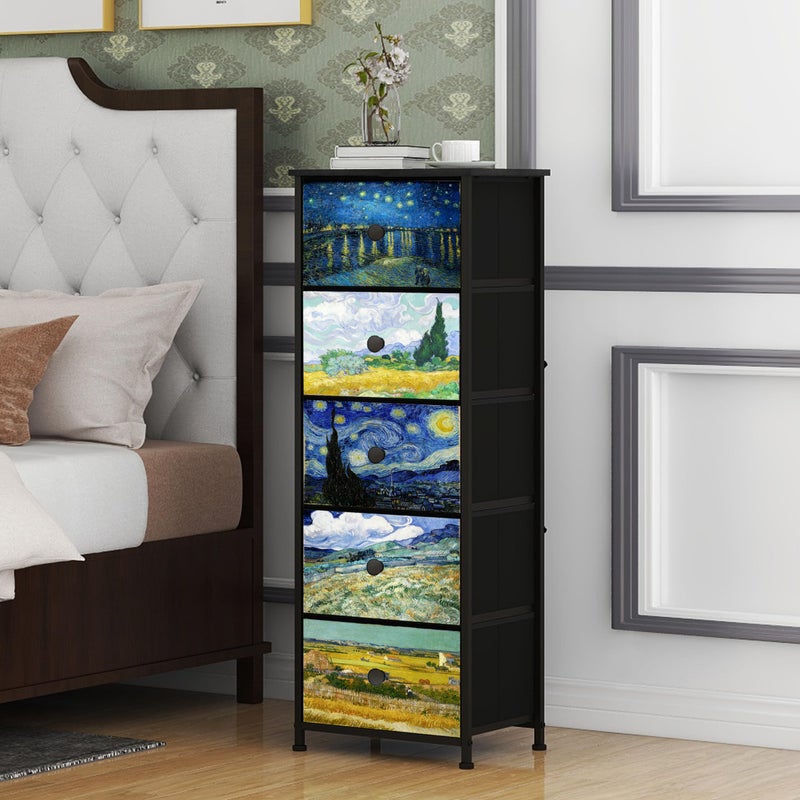 Welfuturer Dresser with 5 Drawers Narrow Tall Nightstand Van Gogh Dresser for Bedroom Fabric Drawer Organizer Unit for Living Room Entryway Hallway Closet Sturdy Steel Frame Wooden Top - Image 5