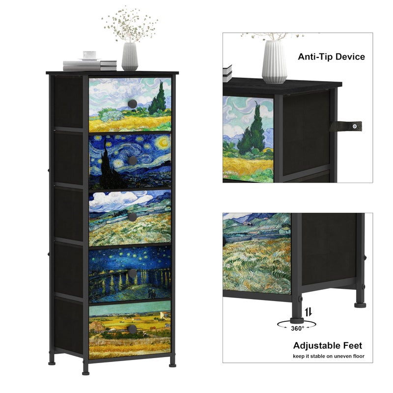 Welfuturer Dresser with 5 Drawers Narrow Tall Nightstand Van Gogh Dresser for Bedroom Fabric Drawer Organizer Unit for Living Room Entryway Hallway Closet Sturdy Steel Frame Wooden Top - Image 3