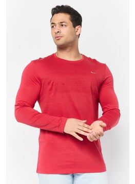 Men Crew Neck Long Sleeve Embroidered Logo T-shirt, Red