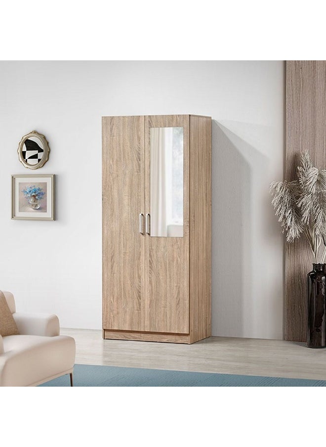 DANUBE HOME Supreme 2-Door Wardrobe With Mirror For Hanging Clothes Extra Sturdy Rack Storage Organiser Modern Design Space Saving Cabinets For Bedroom - French Sonoma Oak  - Image 1