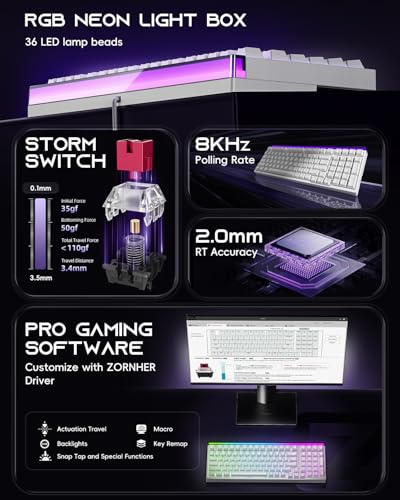 ZORNHER ZH99HE Mechanical Gaming Keyboard, Full Size White Gaming Keyboard with Creamy Switch,Soft RGB Backlit Light Box,Adjustable Actuation & Rapid Trigger, Hall Effect Technology - Image 2