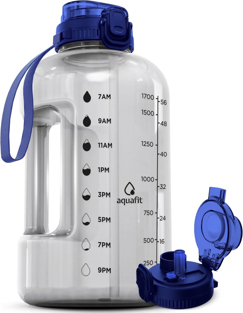 AQUAFIT Half Gallon Water Bottle with Time Marker Straw Chug Lid BPA Free Gym Water Bottle with Straw Big Gallon Jug Clarity 64 oz 2in1 Lid