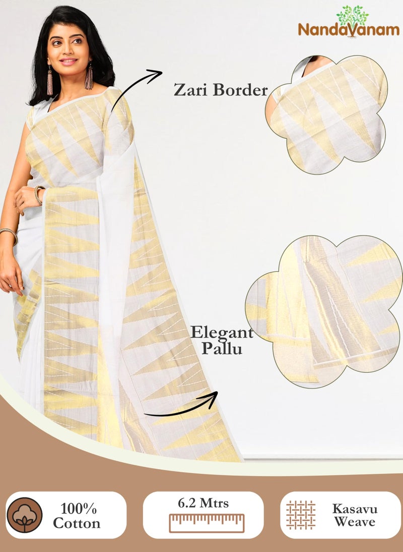 NandaVanam Women's Kerala Cotton Saree | Kasavu Saree With Designer Pallu | Onam Cotton Kasavu Sarees- with Blouse (Tower) - Image 2