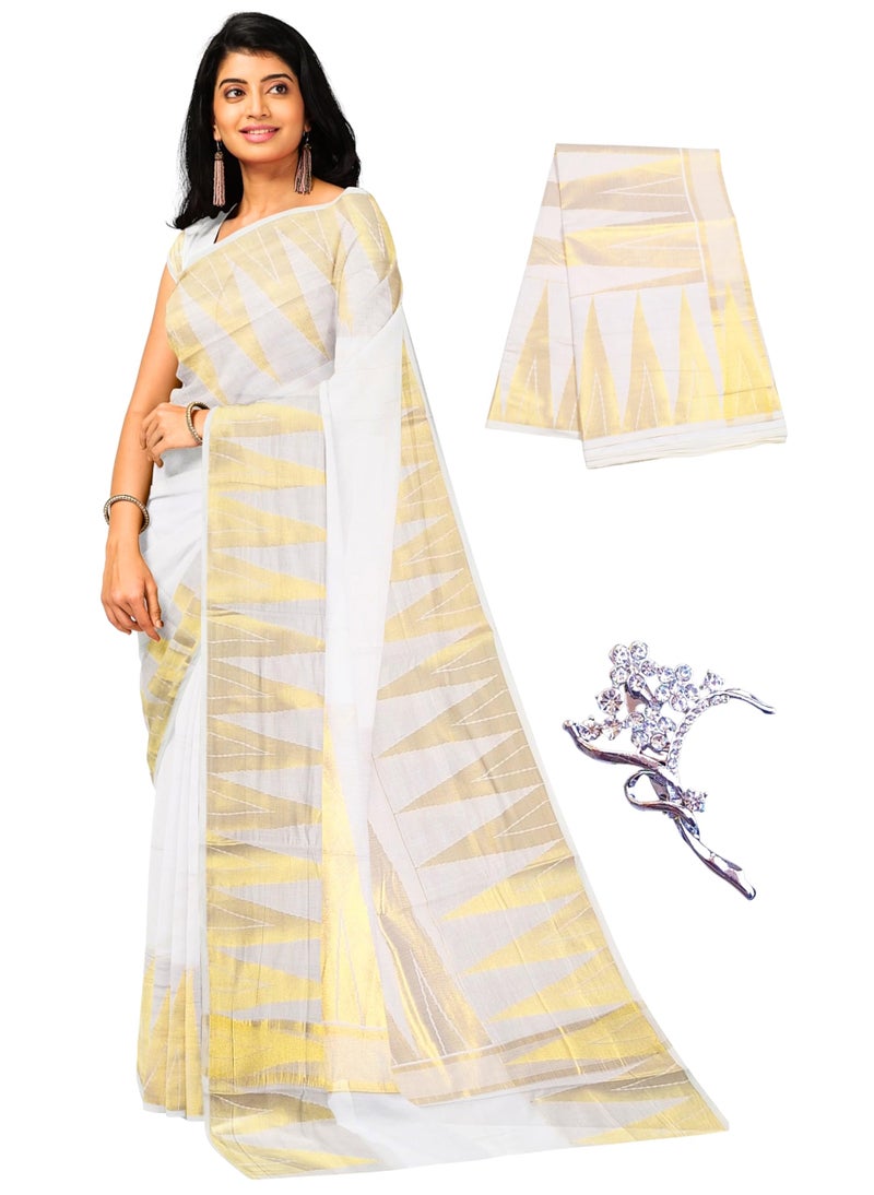 NandaVanam Women's Kerala Cotton Saree | Kasavu Saree With Designer Pallu | Onam Cotton Kasavu Sarees- with Blouse (Tower) - Image 1