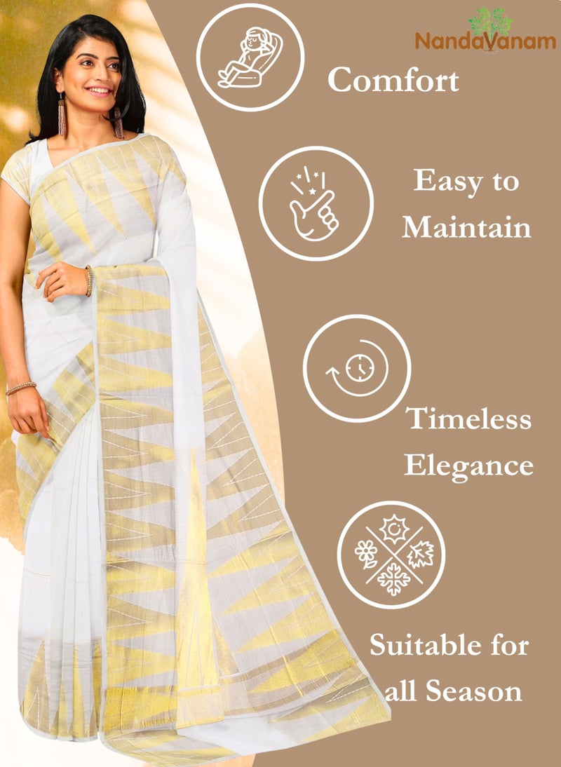 NandaVanam Women's Kerala Cotton Saree | Kasavu Saree With Designer Pallu | Onam Cotton Kasavu Sarees- with Blouse (Tower) - Image 4