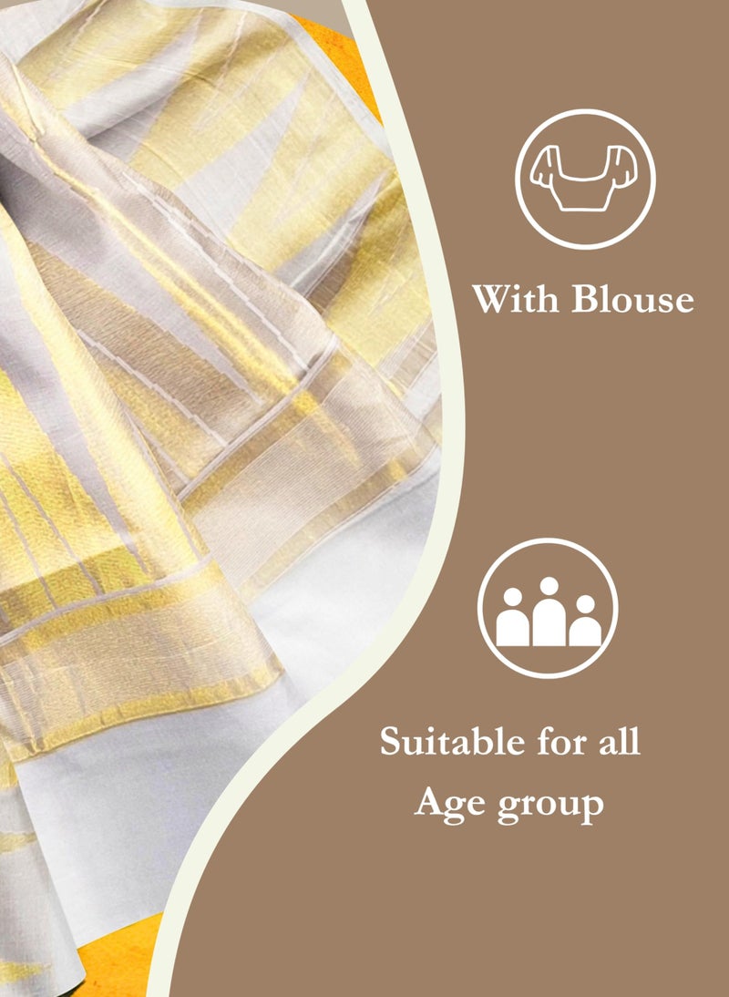 NandaVanam Women's Kerala Cotton Saree | Kasavu Saree With Designer Pallu | Onam Cotton Kasavu Sarees- with Blouse (Tower) - Image 5