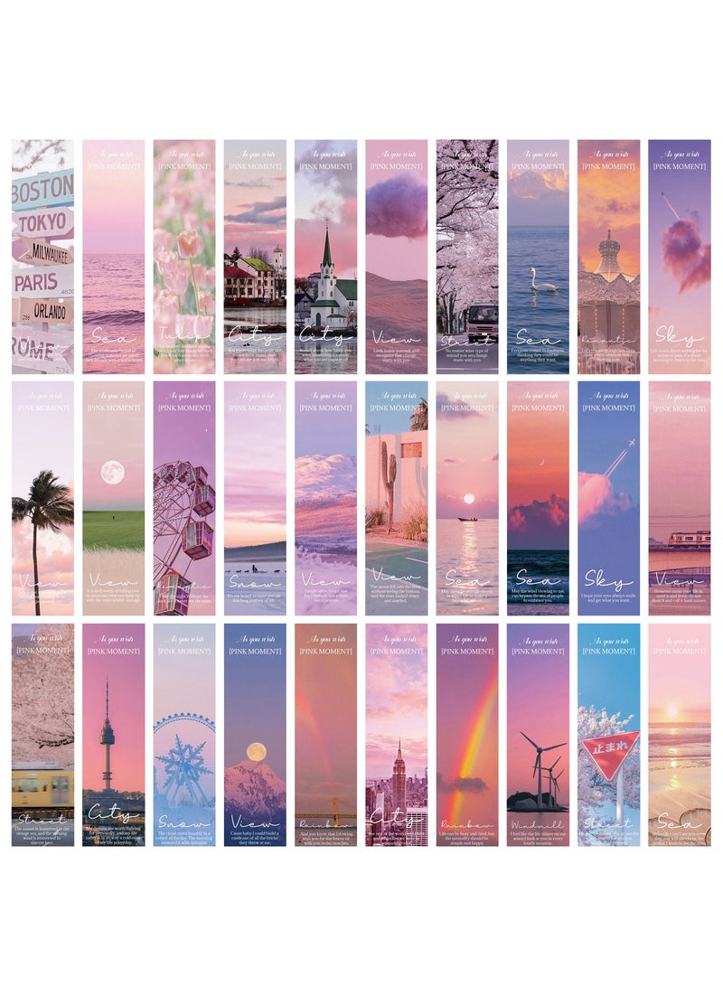 30Pcs Pink Scenery Theme Paper Bookmarks for Book Lovers, Boxed Bookmarks Set - Image 1