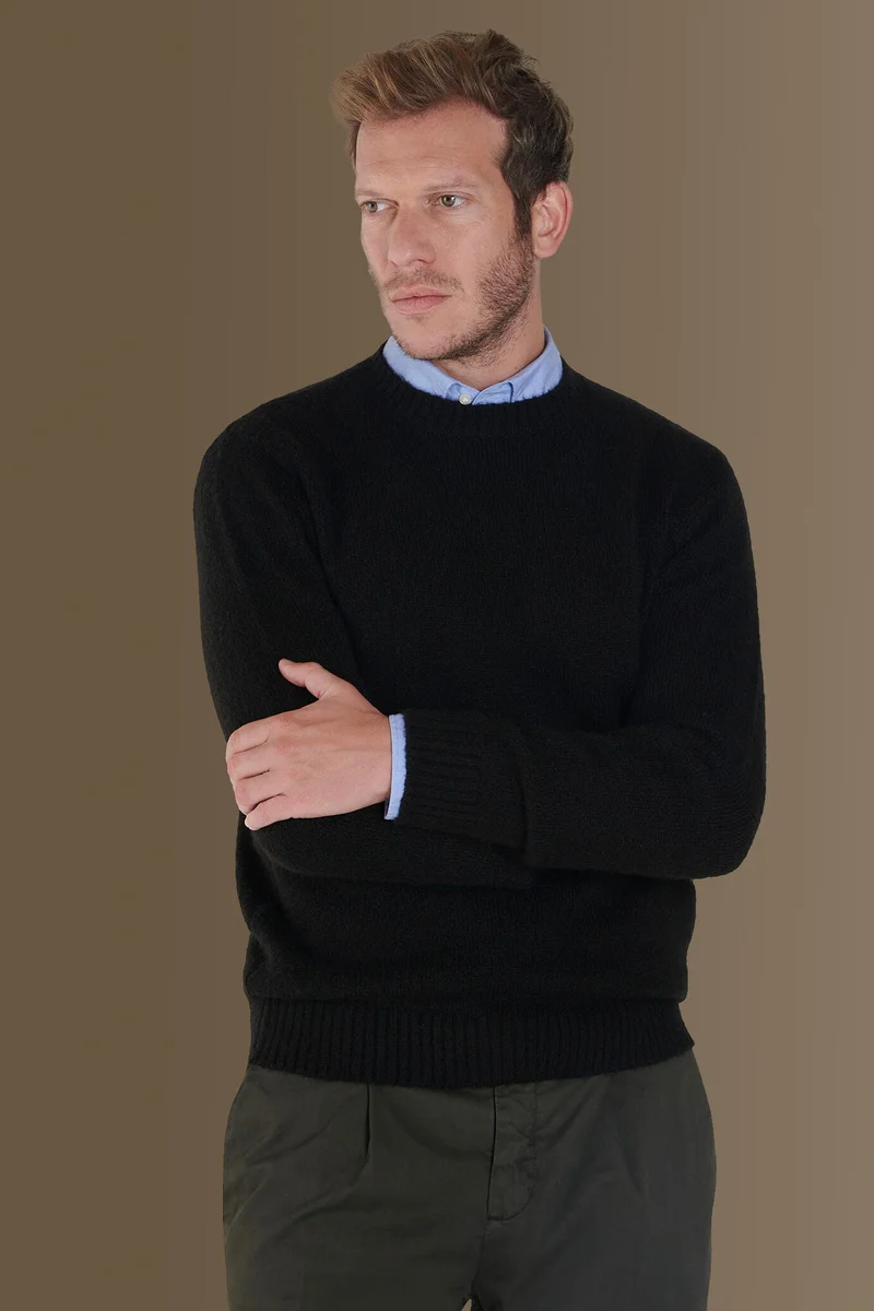 Round neck sweater in cotton- wool blend - Black