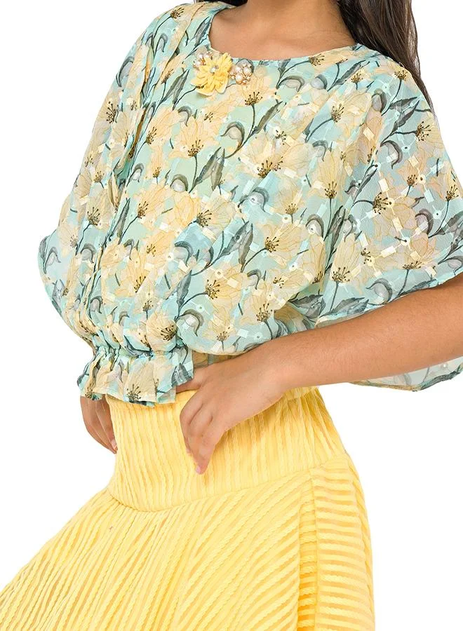 babyqlo Stylish floral print top with pleated yellow skirt