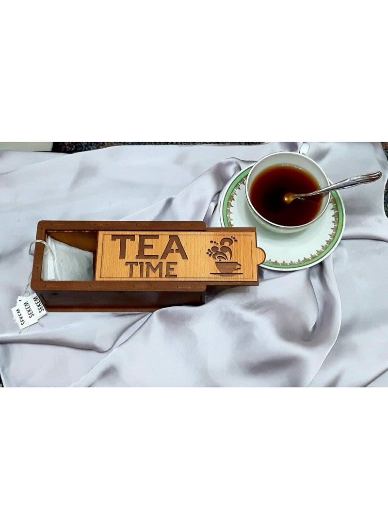 RA accessories Elegant Wooden Tea Box Engraved “TEA TIME”  Tea Bag Organizer- Easy use - Image 1