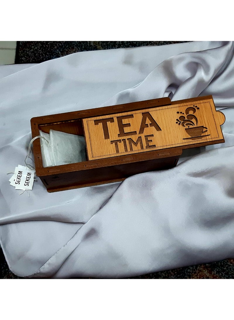 RA accessories Elegant Wooden Tea Box Engraved “TEA TIME”  Tea Bag Organizer- Easy use - Image 2