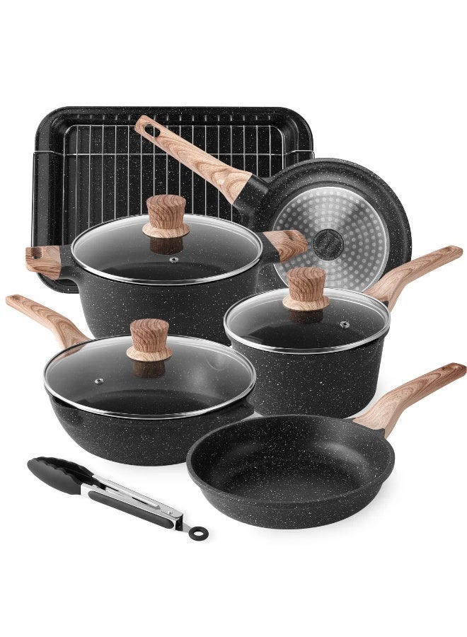 طقم أدوات مطبخ 9 قطعة، قدور ومقالي غير لاصقة، أدوات مطبخ جرانيت تحسيسية، طقم طبخ مطبخ غير لاصق، خالي من PFOS وPFOA - Image 1