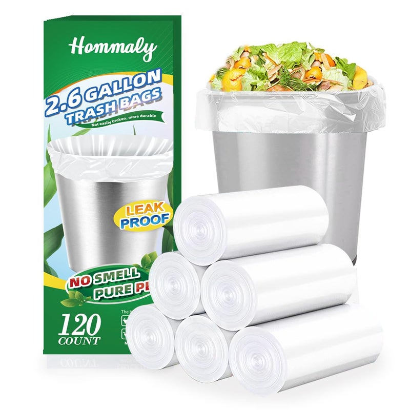 Hommaly 2.6 Gallon 120 pcs Small Clear Trash Bags, Strong 2.5 Gallon Garbage Bags, Bathroom Trash Can Bin Liners Unscented, Mini Plastic Bags for Office, Waste Basket Liner, Fit 6-10 Liters, 2-2.6 Gal - Image 1