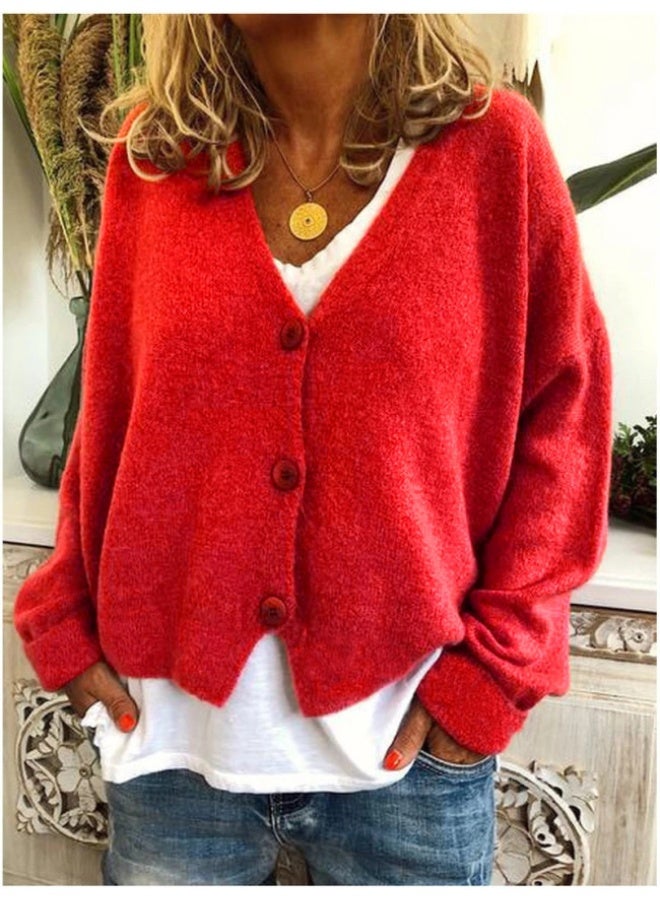 NIBEMINENT Women's Autumn Winter Cardigan Sweater V-neck Solid Color Casual Loose Sweater Knitted Cardigan - Image 1
