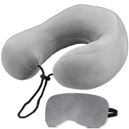 Trajectory Travel Neck Pillow with Sleeping Eye Mask Combo for Travelling and Sleeping in Airplane Flight, Cab, Car, Train, Bus for Men and Women Grey (As seen on Shark Tank) - Image 1