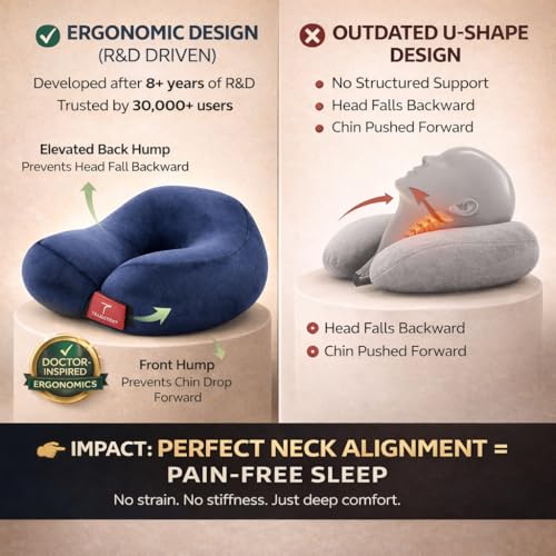Trajectory Travel Neck Pillow with Sleeping Eye Mask Combo for Travelling and Sleeping in Airplane Flight, Cab, Car, Train, Bus for Men and Women Grey (As seen on Shark Tank) - Image 2