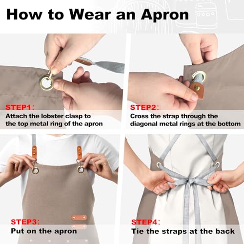 BeLuyi chef apron bib tool apron for man woman cross back straps with 4 pockets for kitchen cooking gardening baking working(Beige) - Image 5