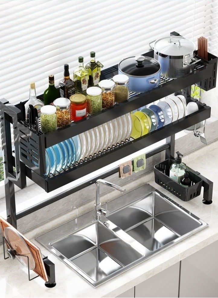 Dish Drying Rack - Large Over The Sink Dish Drainer Drying Rack , Large Capacity Stainless Steel Dish Rack, Multifunctional Kitchen Organizers and Storage Rack, 85cm-Single layer Black