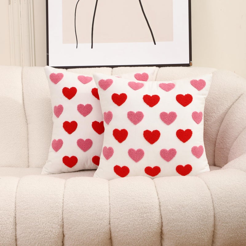 WOKANI Valentines Day Throw Pillow Covers 18x18 Set of 2 Heart Love Couples Decorations Embroidery Cushion Covers Home Decor for Couch Lover Girlfriend Sofa Bedroom, White Red Pink - Image 1