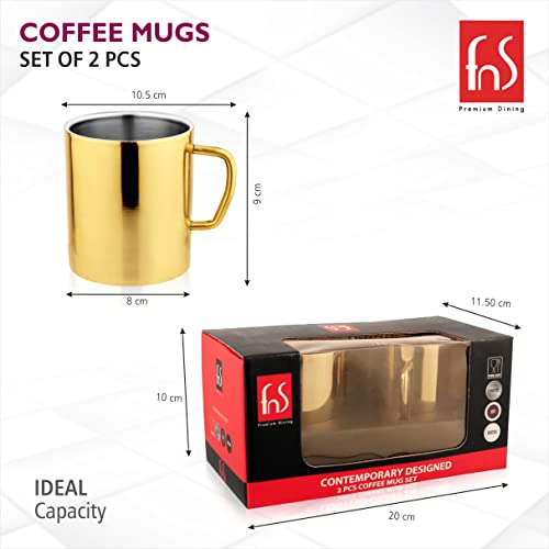 Fns Stainless Steel Coffee Mugs - Double Wall Bpa Free - Tea Cup Wide Handle - Gold Pack Of 2 Cups, 300 Milliliter - 300 Ml - Image 3
