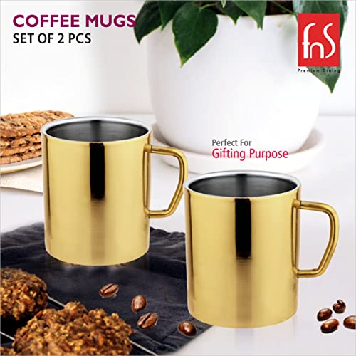 Fns Stainless Steel Coffee Mugs - Double Wall Bpa Free - Tea Cup Wide Handle - Gold Pack Of 2 Cups, 300 Milliliter - 300 Ml - Image 5