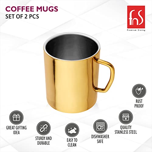 Fns Stainless Steel Coffee Mugs - Double Wall Bpa Free - Tea Cup Wide Handle - Gold Pack Of 2 Cups, 300 Milliliter - 300 Ml - Image 4