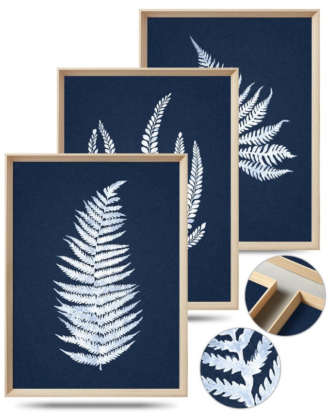 WOOD FRAMED WALL ART MINIMALIST 12X16IN BOTANICAL WALL DECOR FERN PLANTS FRAMED PRINTS WHITE LEAFS TROPICAL PLANTSBLUE NAVAL BACKGROUND HIGHFRAME PROCESSBEDROOMSET OF 3