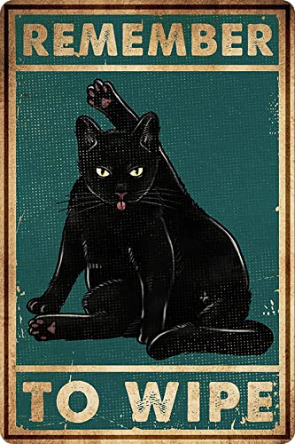 Bestylez Funny Black Cat Bathroom Decor - "Remember to Wipe" Metal Wall Art Sign - Humorous Cat Wall Decor for Bathrooms, 12" * 8" (032) - Image 1