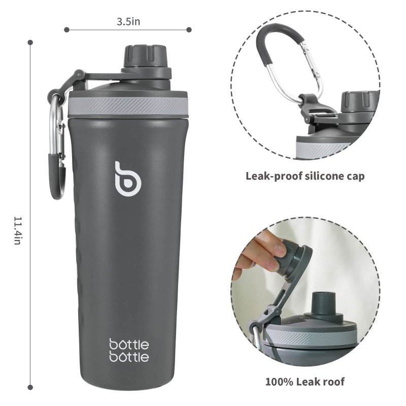 bottle bottle زجاجة زجاجة 26 أونصة زجاجة هزاز معزولة زجاجة ماء من الفولاذ المقاوم للصدأ مع خفاقة سلكية، زجاجة هزاز بروتين قابلة لإعادة الاستخدام، كوب ماء رياضي رمادي - Image 3