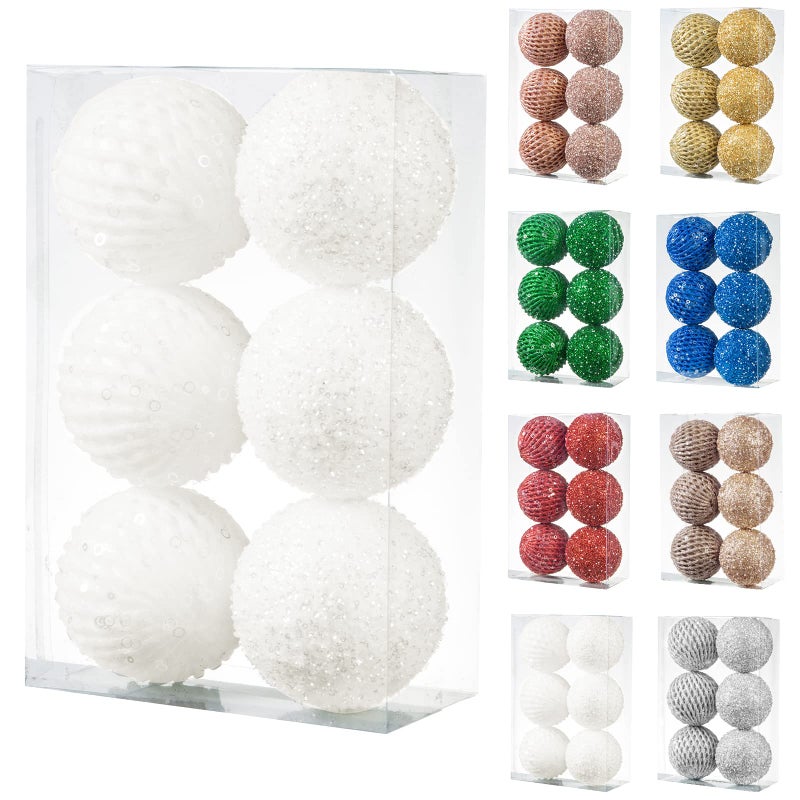 6pcs 394 Christmas Ball Ornaments Glitter Shatterproof Christmas Tree Ornaments Sequin Xmas Hanging Balls Decorations for Wedding Party Holiday White 6pc10cm