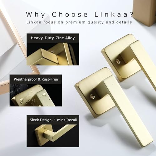 Linkaa Gold Dummy Lever Door Handles Square（2 Handles）, Satin Brass Door Levers for Closet Laundry (1 Pack, Dummy (2 Handles)) - Image 5