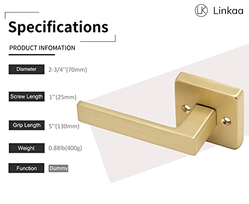 Linkaa Gold Dummy Lever Door Handles Square（2 Handles）, Satin Brass Door Levers for Closet Laundry (1 Pack, Dummy (2 Handles)) - Image 2