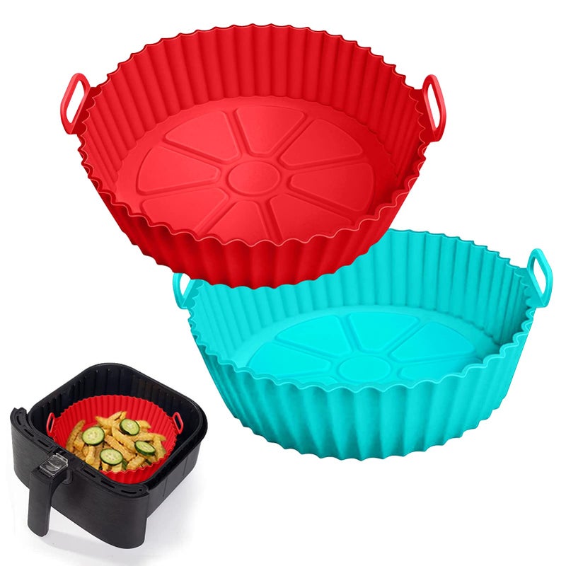 AKSDTH 2 Pack Air Fryer Silicone Liners Pot for 3 to 5 QT, Air Fryer Silicone Basket Bowl, Replacement of Flammable Parchment Paper, Reusable Baking Tray Oven Accessories, Red+Blue, (Top 8in, Bottom 6.75in) - Image 1