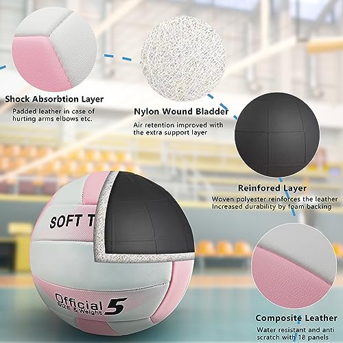 UUBEMM Volleyball Soft Touch for Indoor Outdoor Beach Park Games Gym Practice,Official Size Backyard Volleyballs with Pump for Adults,Teens, Beginners Gifts (5, Pink with Pump Kit) - Image 4