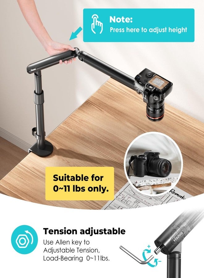 Viozon Overhead Camera/Phone Mount, Overhead Stand, Flexible Aluminum Alloy Spring Arm with 360° Ball Head,1/4"&3/8" Interface for DSLR Camera/Rrojector/Microphone/Ring Light/Webcam/4-7 inches Phone. - Image 4